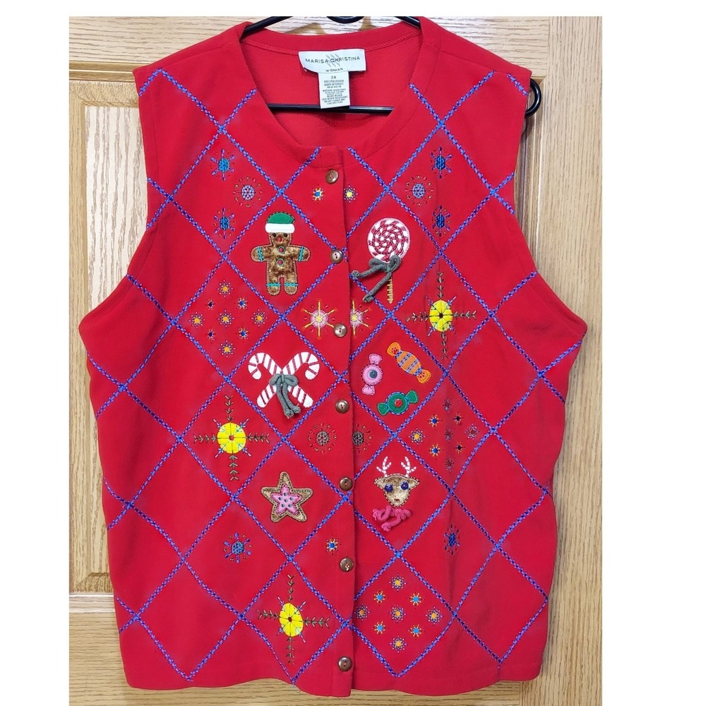 Marisa Christina Woman Red Christmas Vest Embroidered Holiday Fleece Plus 2X